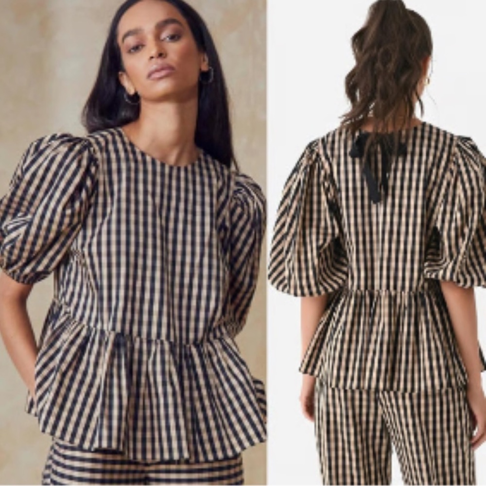 Hunter Bell Lenny Gingham Puff Sleeve Peplum Top Black Brown Plaid with Bow